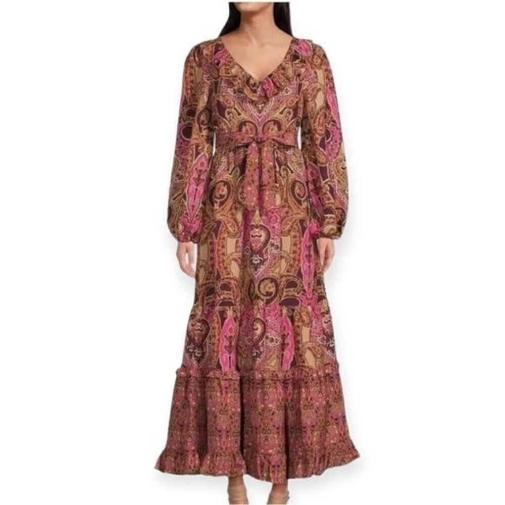 A LOVES A Paisley Printed Ruffled Linen V-Neck Maxi Dress Bohemian Size M NEW - Picture 2 of 10